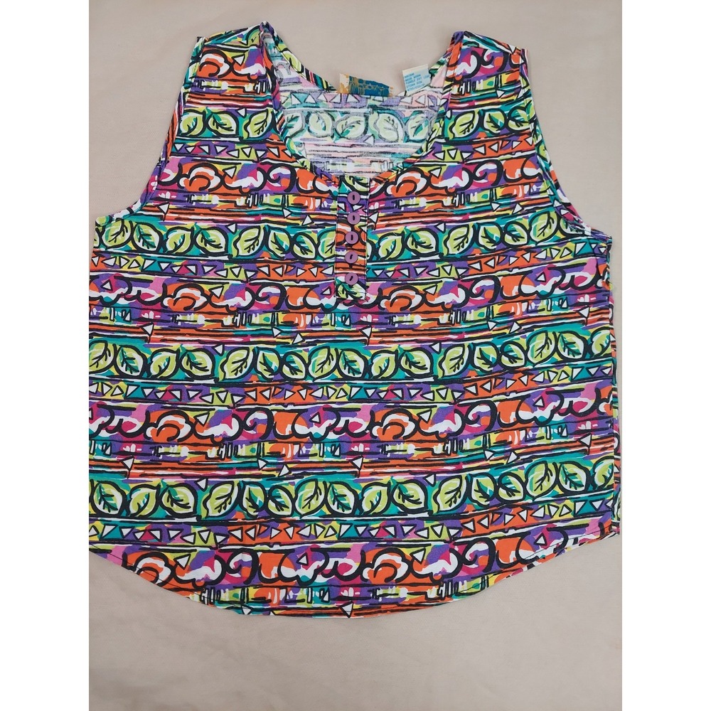 Vintage 90s Colorful Abstract Tank Top Womens S Boho Neon Retro 100% Cotton Y2K